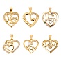 6Pcs 6 Style Brass Micro Pave Clear Cubic Zirconia Pendants, with Snap on Bails, for Mother's Day, Long-Lasting Plated, Heart with Word Mom