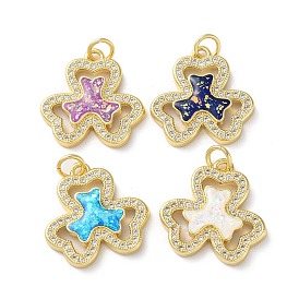 Brass Micro Pave Clear Cubic Zirconia Pendants, with Synthetic Opal and Jump Ring, Real 18K Gold Plated, Clover