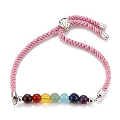 Chakra Jewelry, Adjustable Nylon Cord Slider Bracelets, Bolo Bracelets, with Gemstone Beads and Brass Findings