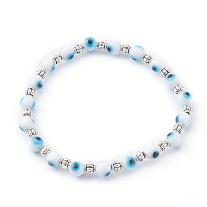 Handmade Round Evil Eye Lampwork Beaded Stretch Bracelets, with Alloy Spacer Beads, Antique Silver