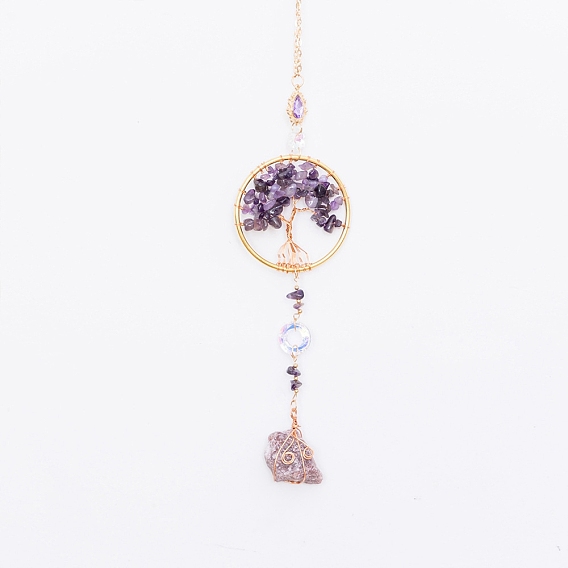 Améthyste naturelle ronde plate avec décorations pendentif arbre de vie, perles de verre, pour ornement suspendu de voiture