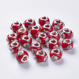 Handmade Bumpy Lampwork European Beads, Large Hole Beads, with Silver Color Plated Brass Double Cores, Rondelle with Flower