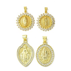 Brass Micro Pave Cubic Zirconia Pendants, Real 18K Gold Plated, Flat Round with Human