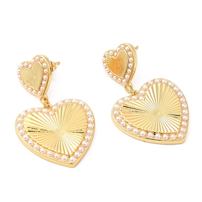 Brass Heart Dangle Stud Earrings with Plastic Pearl Beaded, Long-Lasting Plated, Lead Free & Cadmium Free