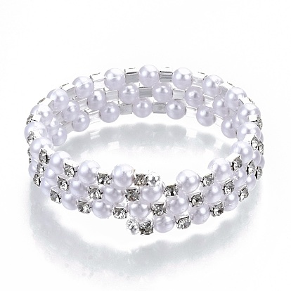 Pulseras de envoltura de hierro de tres bucles, Con diamantes de imitación y abs imitación de perlas de plástico., Platino