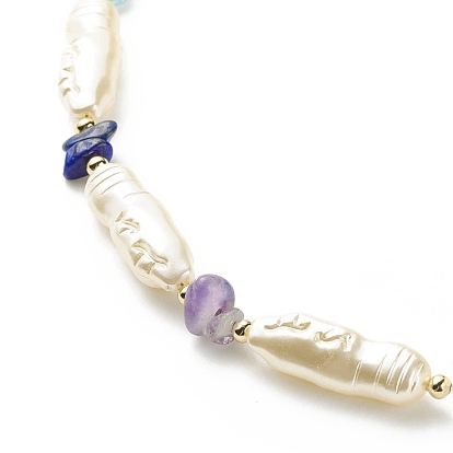 Collier et bracelet en perles d'imitation ABS et éclats de pierres précieuses mélangées naturelles, ensemble de bijoux pour femmes