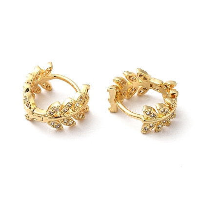 Clear Cubic Zirconia Leaf Hoop Earrings, Brass Jewelry for Women