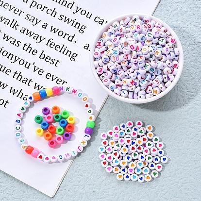 1 sac 1200 pièces rondes plates en acrylique opaque avec lettres et perles de cœur, avec 1rouler un fil de cristal élastique transparent, pour les kits de fabrication de bracelets sur le thème de la fête des enfants