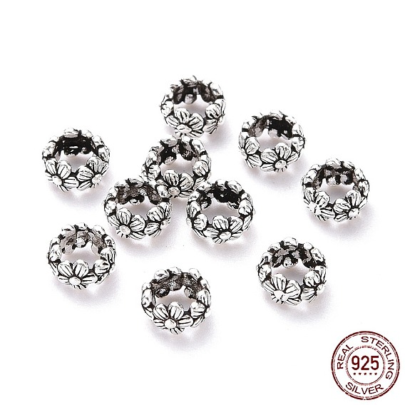 925 Sterling Silver Spacer Beads, Ring with Flower