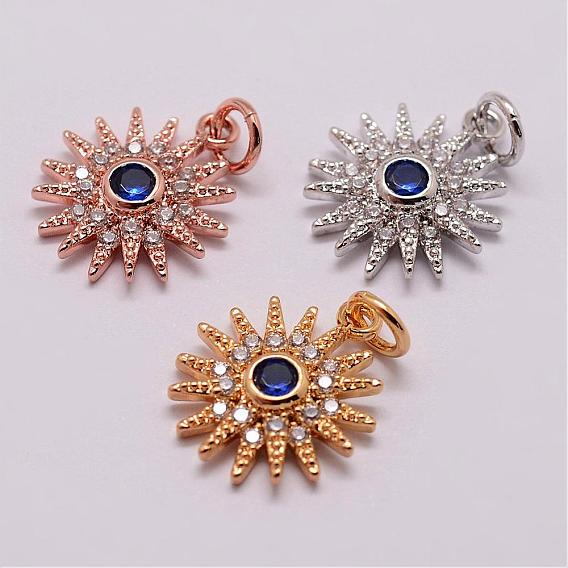 Brass Micro Pave Cubic Zirconia Charms, Flower, Lead Free & Nickel Free & Cadmium Free
