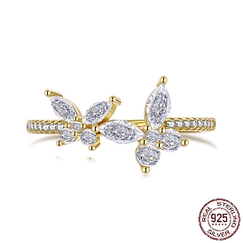 925 Sterling Silver Finger Rings, with Cubic Zirconia Butterfly for Women, Real 18K Gold Plated