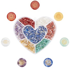 Chakra Themed Natural & Synthetic Mixed Gemstone Palm Stone, Pocket Stone for Energy Balancing Meditation, with Heart Shape Box, Chips and Flat Round