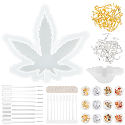 Olycraft DIY Pot Leaf Ashtray Silicone Molds Kits, Stirring Rod, Disposable Latex Finger Cots, Transfer Pipettes, Silicone Stirring Bowl, Zinc Alloy Cabochons, Nail Art Tinfoil