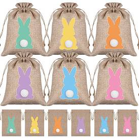 24Pcs 6 Colors Easter Theme Burlap Packing Pouches, Drawstring Bags, with Rabbit Pattern, for Party Candy Packaging