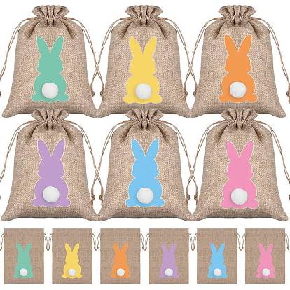 24Pcs 6 Colors Easter Theme Burlap Packing Pouches, Drawstring Bags, with Rabbit Pattern, for Party Candy Packaging