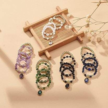 20Pcs 20 Style Natural & Synthetic Mixed Gemstone & Brass Beaded Stretch Rings Set, Cubic Zirconia Teardrop Charms Stackable Rings for Women
