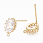 Brass Stud Earring Findings, with Loop, Real 18K Gold Plated, with Cubic Zirconia, Oval, Clear