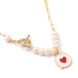 Alloy Enamel Pendant Necklaces, with Natural Pearl Beads, Brass Paperclip Chains and Toggle Clasps, Flat Message Box with Heart