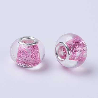 Perles européennes en verre, Perles avec un grand trou   , avec noyaux en laiton plaqué couleur argent, rondelle
