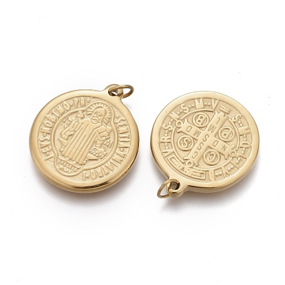 Placage ionique (ip) 304 pendentifs en acier inoxydable, avec anneau de saut, plat rond, Saint-Benoît médaille