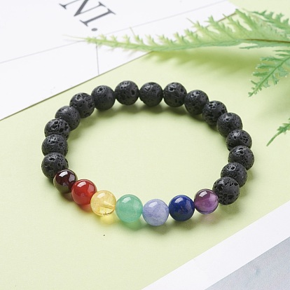 Chakra Natural Lava Rock Beaded Stretch Bracelets, with Gemstone Beads