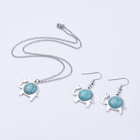 304 Stainless Steel Jewelry Sets, Earrings & Necklaces, with Synthetic Turquoise & Antique Silver Plated Alloy Elephant Pendants, with Cardboard Jewelry Set Boxes