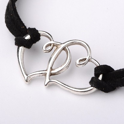 Alloy Double Heart Link Bracelets for Valentine's Day, Faux Suede Cord with Alloy Lobster Claw Clasps and Iron Chains, Antique Silver and Platinum, 185x3mm