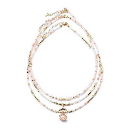 Beaded Necklaces & Pendant Necklace Sets, with Brass Beads & Whale Tail Pendants, Natural Pearl Beads, Glass Beads, Shell Shape Alloy Charms and 304 Stainless Steel Lobster Claw Clasps, Light Salmon