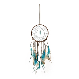 Iron Synthetic Turquoise Woven Web/Net with Feather Pendant Decorations, with Wood and Plastic Beads, Covered with Cotton Lace and Villus Cord,, Flat Round