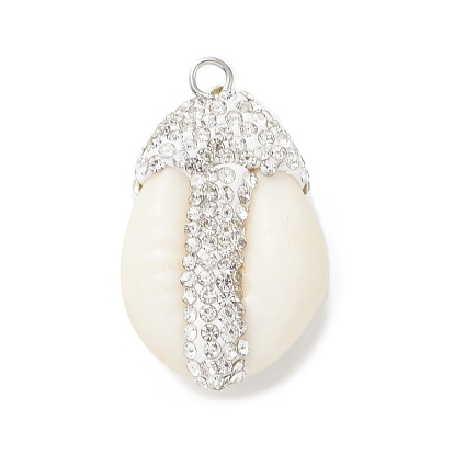 Pendientes de concha de mar naturales, colgantes ovalados con diamantes de imitación de arcilla polimérica y bucles de latón en tono platino