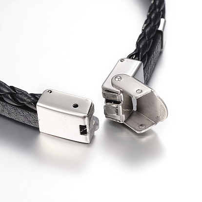 Cuir bracelets de corde tressée, avec 304 accessoire en acier inoxydable, rectangle avec la croix