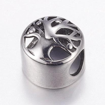 304 Stainless Steel European Beads, Large Hole Beads, Flat Round with Tree of Life