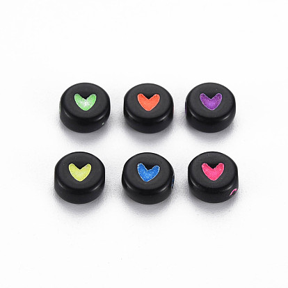 Perles noires opaques acryliques, plat et circulaire avec coeur