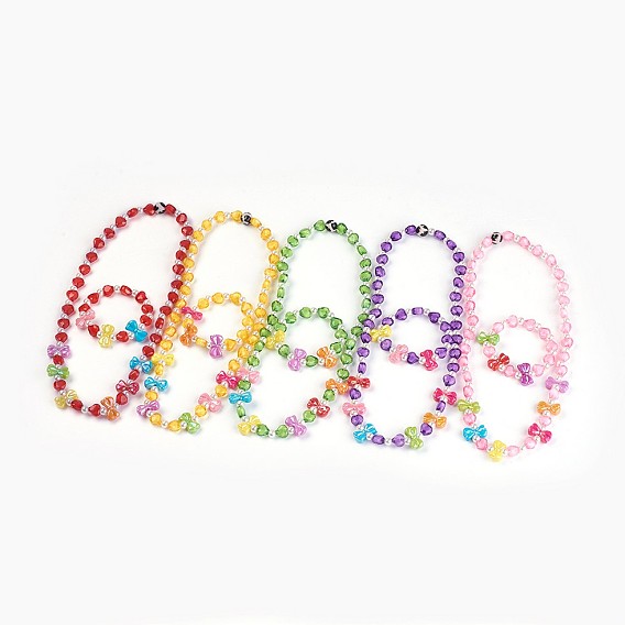 Acrylic Beads Kids Jewelry Sets, Stretch Bracelets & Necklaces, Bowknot and Heart