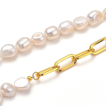 Natural Baroque Pearl Keshi Pearl Bracelets & Necklaces Sets, with Unwelded Iron Paperclip Chains and Brass Crimp Beads, 304 Stainless Steel Toggle Clasps