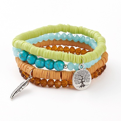 4Pcs Stretch Bracelets, with Polymer Clay Heishi Beads, Glass Beads, Synthetic Turquoise Beads and Alloy Pendants, Feather & Flat Round with Tree of Life, Antique Silver