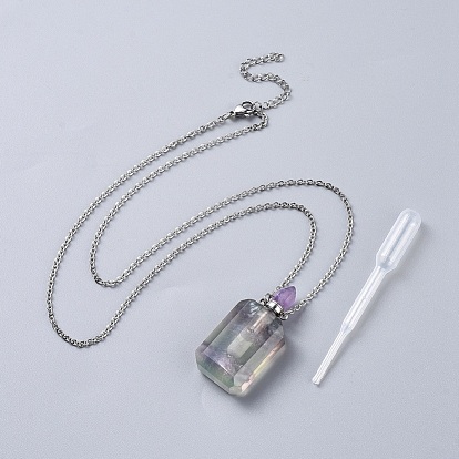Natural Gemstone Perfume Bottle Pendant Necklaces, with Stainless Steel Cable Chain and Plastic Dropper, Mixed Shapes