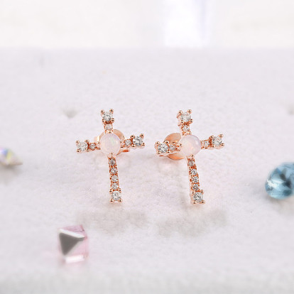 Real Rose Gold Plated, Brass Stud Earrings, Lead Free & Cadmium Free, with Grade AAAAA Cubic Zirconia & Resin Imitation Opal, Cross