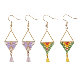 Glass Seed Braided Triangle Dangle Earrings, with Polycotton Tassels, Golden 304 Stainless Steel Triangle Jewelry for Women