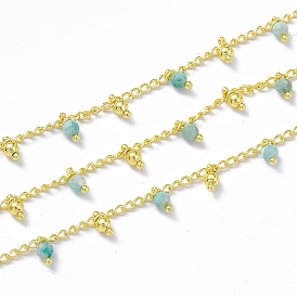 Handmade Brass Curb Chains, with Natural Amazonite Round Beaded Charms, Soldered, with Spool, Real 18K Gold Plated