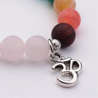 Natural Gemstone Stretch Bracelets, with Alloy Ohm Pendants, Antique Silver