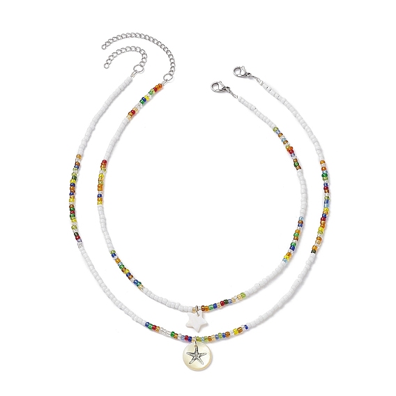 2 pcs 2 ensemble de colliers pendentif étoile en coquille naturelle de style, colliers empilables en perles de verre pour femmes
