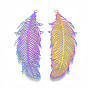 Ion Plating(IP) 201 Stainless Steel Filigree Pendants, Etched Metal Embellishments, Feather