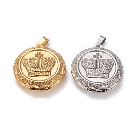 304 Stainless Steel Locket Pendants, Photo Frame Charms for Necklaces, Flat Round with Crown
