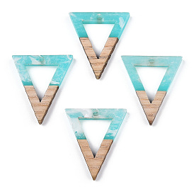 Transparent Resin & White Wood Pendants, Two Tone, Hollow Triangle Charms