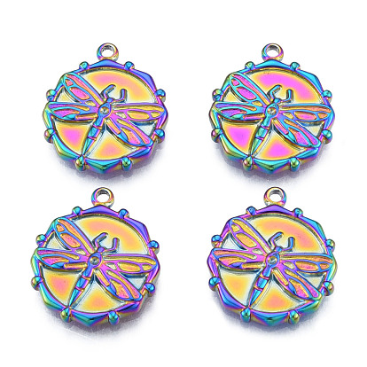 304 Stainless Steel Pendants, Flat Round with Dragonfly
