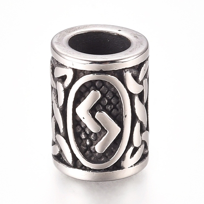 304 acier inoxydable perles européennes, Perles avec un grand trou   , colonne avec runes / futhark / futhor