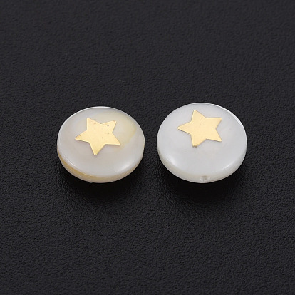 Natural Freshwater Shell Beads, with Plated Brass Metal Embellishments, Flat Round with Star