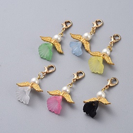 Guardian Angel Pendant Decorations, with Acrylic, Glass Pearl Beads, Light Gold Plated Zinc Alloy Lobster Claw Clasps and Alloy Beads
