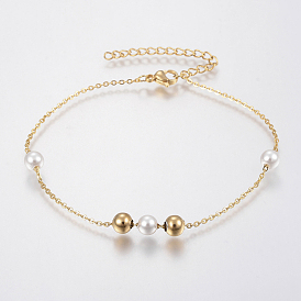 Trendy 304 Stainless Steel Cable Chain Bracelets, with Acrylic Imitation Pearl Beads, Lobster Claw Clasps, Round